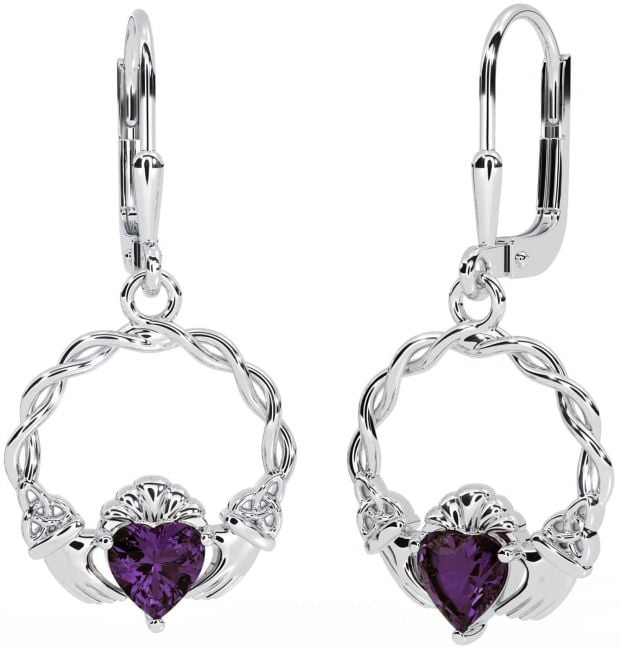 Alexandrite Silver Celtic Claddagh Trinity Knot Dangle Earrings