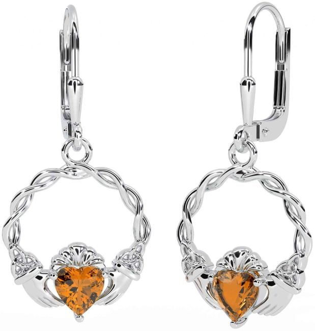 Citrine Silver Celtic Claddagh Trinity Knot Dangle Earrings