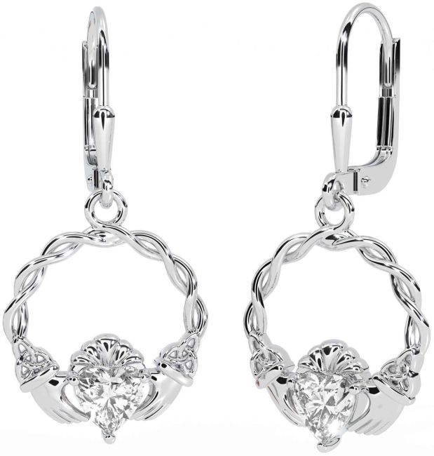 Diamond Silver Celtic Claddagh Trinity Knot Dangle Earrings