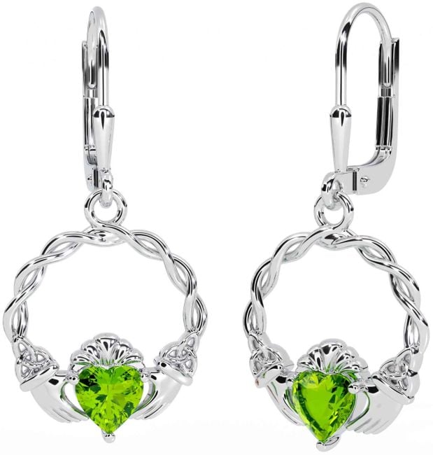 Peridot Silver Celtic Claddagh Trinity Knot Dangle Earrings