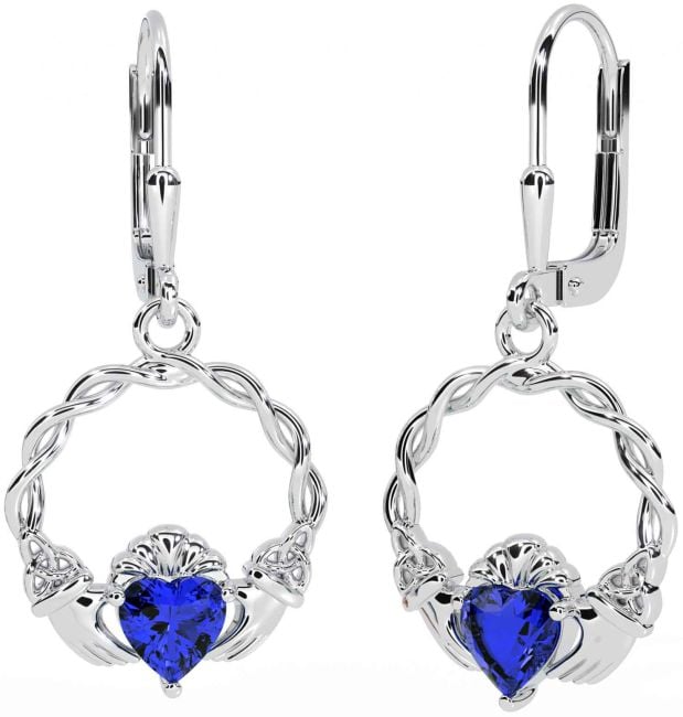 Sapphire Silver Celtic Claddagh Trinity Knot Dangle Earrings