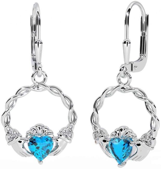 Topaz Silver Celtic Claddagh Trinity Knot Dangle Earrings