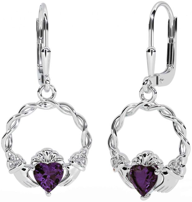 Alexandrite White Gold Celtic Claddagh Trinity Knot Dangle Earrings