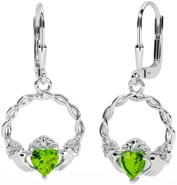 Peridot White Gold Celtic Claddagh Trinity Knot Dangle Earrings