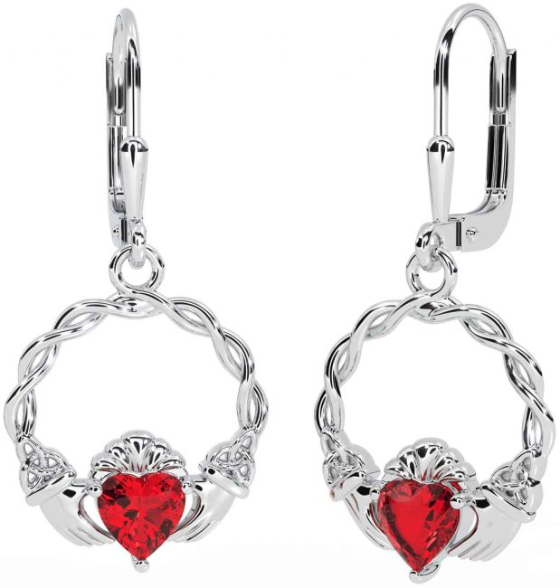 Ruby White Gold Celtic Claddagh Trinity Knot Dangle Earrings