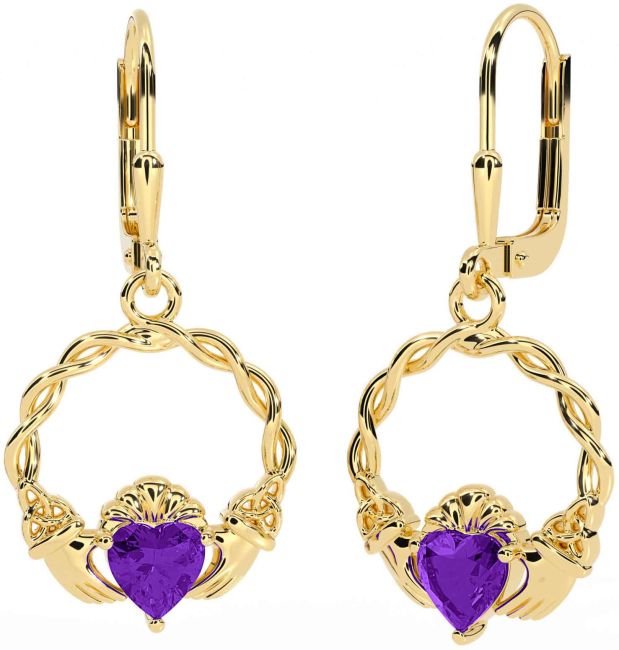 Amethyst Gold Celtic Claddagh Trinity Knot Dangle Earrings