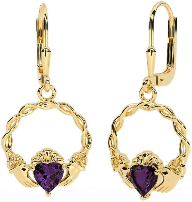 Alexandrite Gold Celtic Claddagh Trinity Knot Dangle Earrings