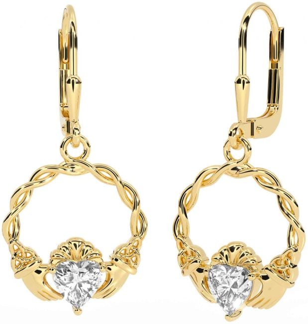 Diamond Gold Celtic Claddagh Trinity Knot Dangle Earrings