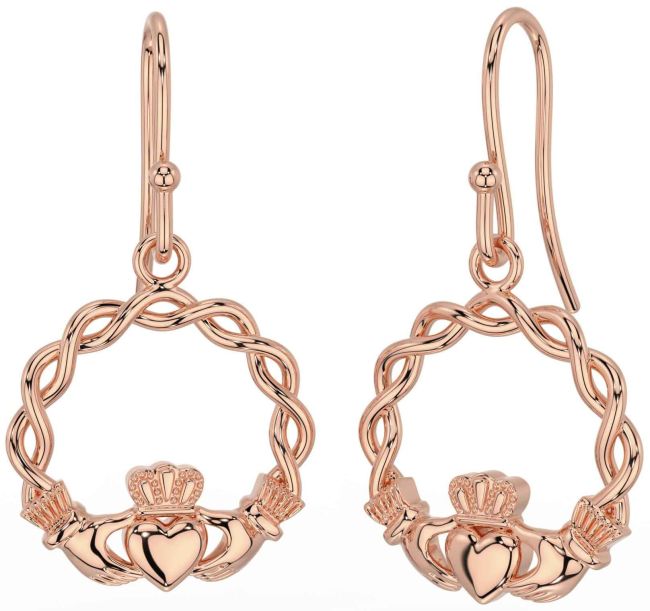 Rose Gold Silver Celtic Claddagh Dangle Earrings