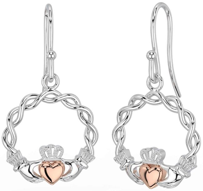 Rose Gold Silver Celtic Claddagh Dangle Earrings