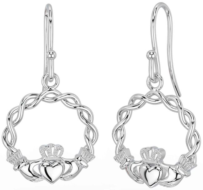 White Gold Celtic Claddagh Dangle Earrings