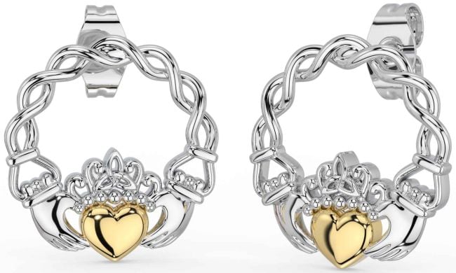 White Yellow Gold Celtic Claddagh Dangle Earrings