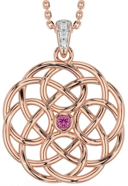 Diamond Pink Tourmaline Rose Gold Silver Celtic Necklace