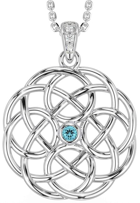 Diamond Aquamarine Silver Celtic Necklace