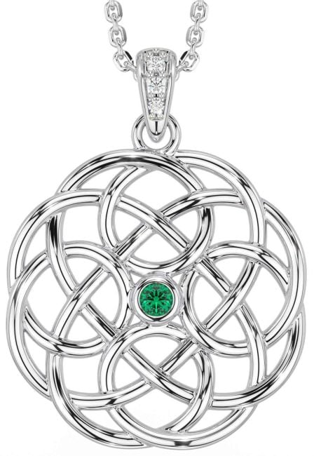 Diamond Emerald White Gold Celtic Necklace