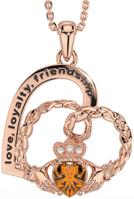 Diamond Citrine Rose Gold Celtic Claddagh Heart Irish 