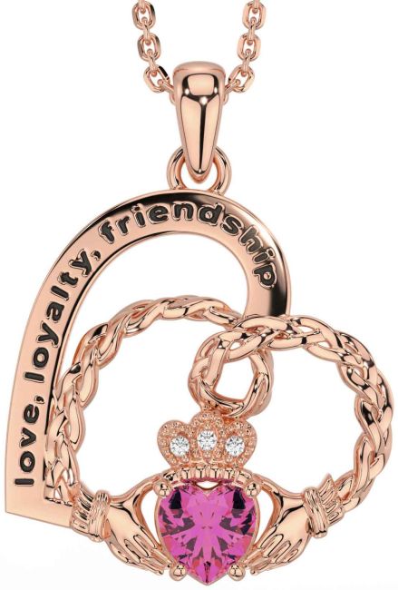 Diamond Pink Tourmaline Rose Gold Celtic Claddagh Heart Irish 