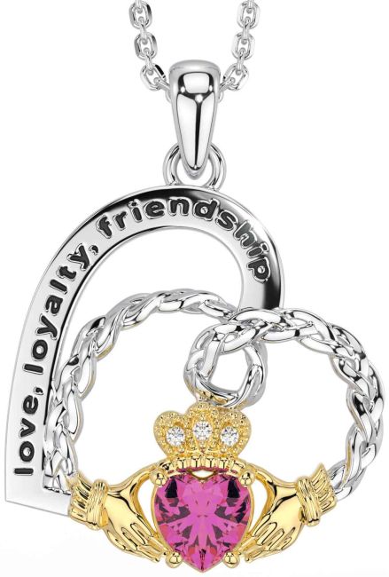 Diamond Pink Tourmaline Gold Silver Celtic Claddagh Heart Irish 