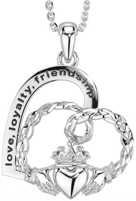 White Gold Celtic Claddagh Heart Necklace