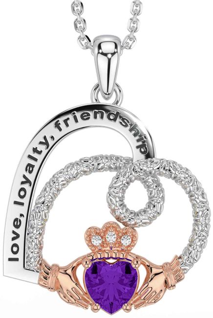 Diamond Amethyst White Rose Gold Celtic Claddagh Heart Irish 