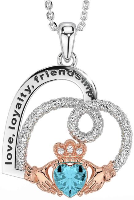 Diamond Aquamarine White Rose Gold Celtic Claddagh Heart Irish 