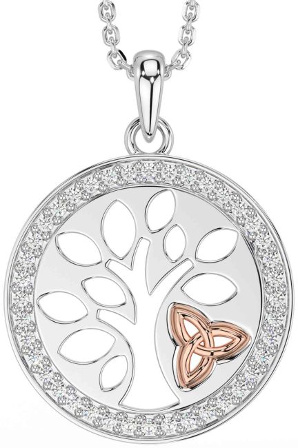 Diamond White Rose Gold Celtic Tree of Life Trinity Knot Necklace