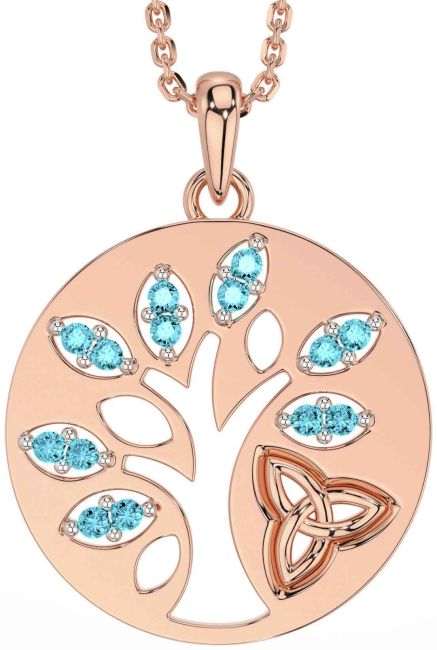 Aquamarine Rose Gold Celtic Tree of Life Trinity Knot Necklace