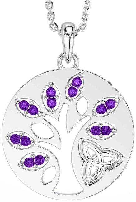 Amethyst White Gold Celtic Tree of Life Trinity Knot Necklace