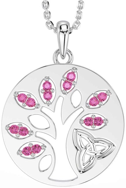 Pink Tourmaline White Gold Celtic Tree of Life Trinity Knot Necklace