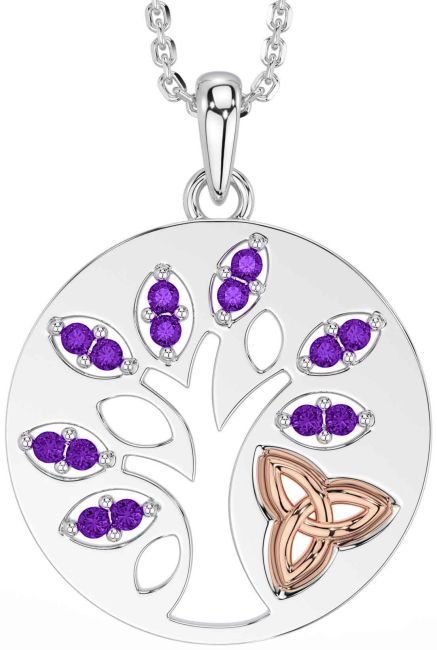 Amethyst White Rose Gold Celtic Tree of Life Trinity Knot Necklace
