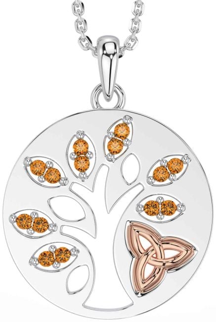 Citrine White Rose Gold Celtic Tree of Life Trinity Knot Necklace