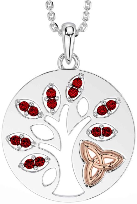 Garnet White Rose Gold Celtic Tree of Life Trinity Knot Necklace