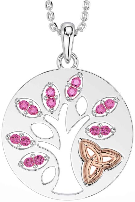Pink Tourmaline White Rose Gold Celtic Tree of Life Trinity Knot Necklace