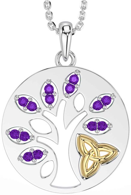 Amethyst White Yellow Gold Celtic Tree of Life Trinity Knot Necklace