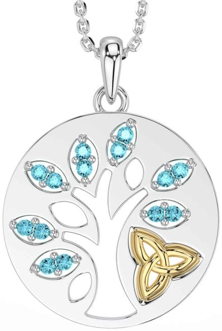 Aquamarine White Yellow Gold Celtic Tree of Life Trinity Knot Necklace