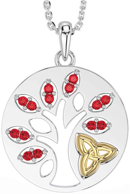 Ruby White Yellow Gold Celtic Tree of Life Trinity Knot Necklace