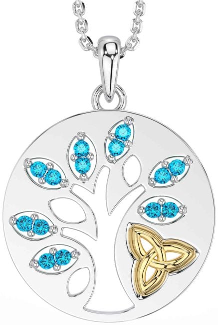 Topaz White Yellow Gold Celtic Tree of Life Trinity Knot Necklace