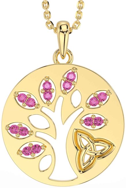 Pink Tourmaline Gold Celtic Tree of Life Trinity Knot Necklace