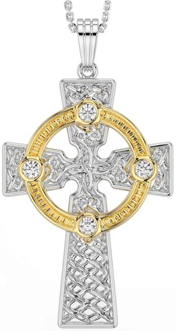 Diamond Gold Silver Celtic Cross Necklace