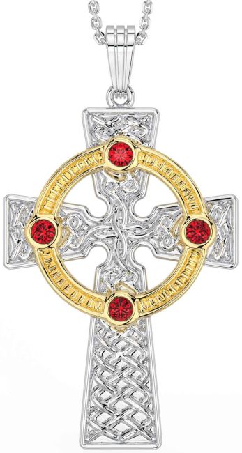 Ruby Gold Silver Celtic Cross Necklace