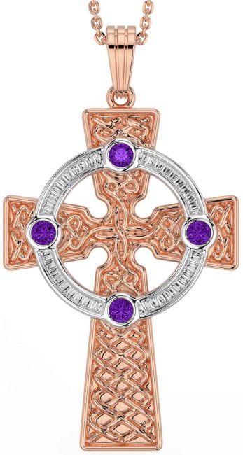 Amethyst Rose Gold Silver Celtic Cross Necklace