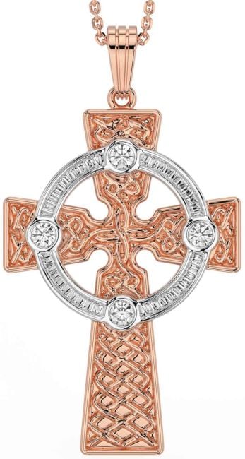 Diamond Rose Gold Silver Celtic Cross Necklace