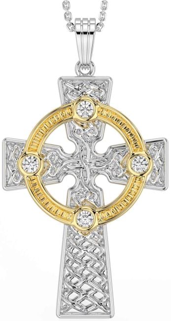 Diamond Gold Silver Celtic Cross Necklace