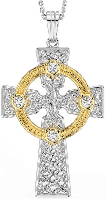 Diamond White Yellow Gold Celtic Cross Necklace
