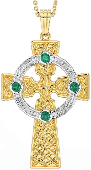 Emerald White Yellow Gold Celtic Cross Necklace