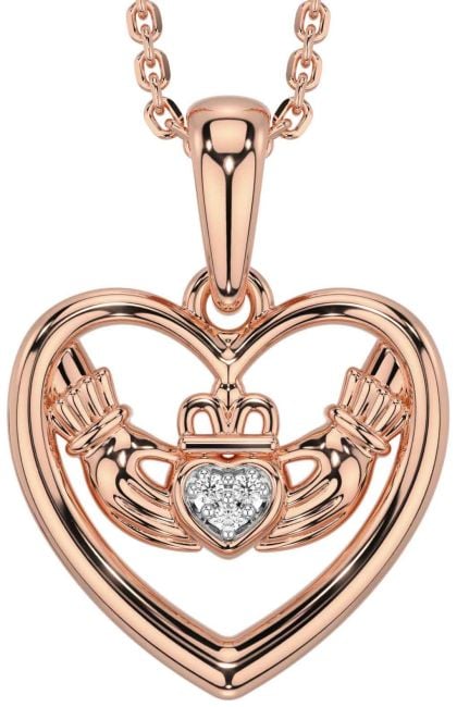 Diamond Rose Gold Silver Claddagh Heart Necklace