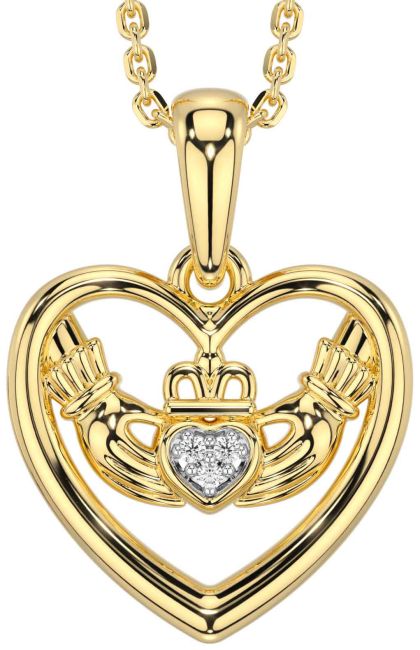 Diamond Gold Silver Claddagh Heart Necklace