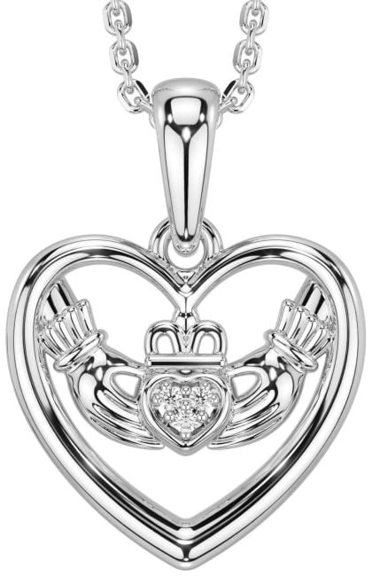 Diamond Silver Claddagh Heart Necklace