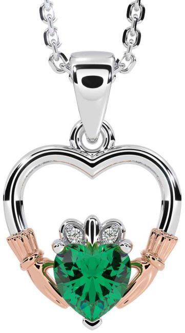 Diamond Emerald Rose Gold Silver Claddagh Heart Necklace