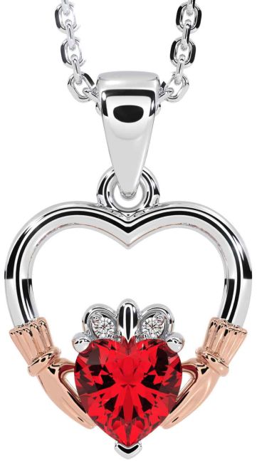 Diamond Ruby Rose Gold Silver Claddagh Heart Necklace